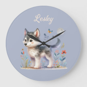 Grande Horloge Ronde Lunar Cub - Baby Wolf Wall Clock