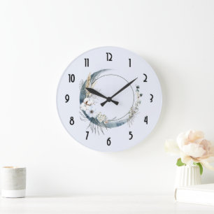 Grande Horloge Ronde Lune de croissant bleu avec fleurs blanches