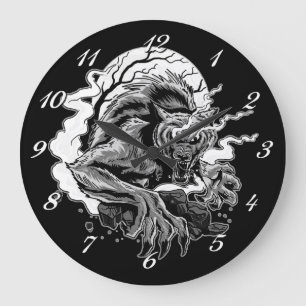 Grande Horloge Ronde Lune de loup-garou monochrome