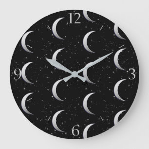 Grande Horloge Ronde Lunes à croissant d'argent - arrière - plan étoilé