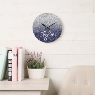 Grande Horloge Ronde Luxueux Pailleté Argent Navy Ombre Brillante