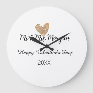 Grande Horloge Ronde M & Mme nom joyeuse Saint-Valentin cœur doré 