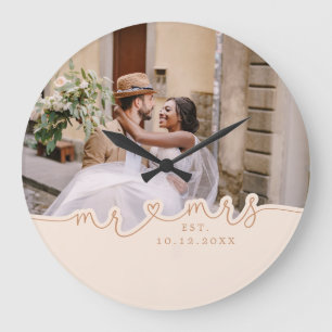 Grande Horloge Ronde M. Mme Script Cœur Photo Mariage