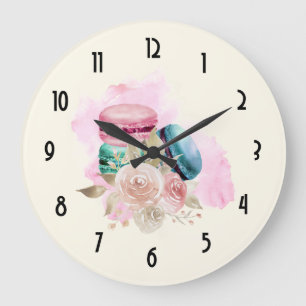 Grande Horloge Ronde Macarons et fleurs colorés Aquarelle