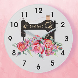 Grande Horloge Ronde Machine à coudre Vintage rose Floral Monogramme