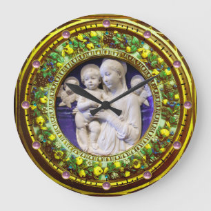 GRANDE HORLOGE RONDE MADONNA AVEC ENFANT, ANGES FLORAL RENAISSANCE COUR