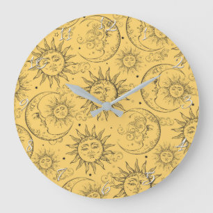 Grande Horloge Ronde Magie Jaune Vintage Ciel Soleil Lune Étoiles