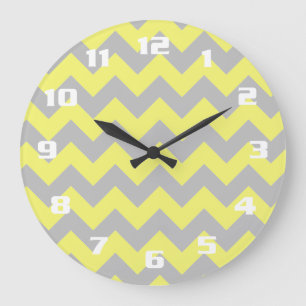 Grande Horloge Ronde Magnifiques nuances de jaune et gris motif chevron