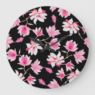 Grande Horloge Ronde Magnolia romantique : Aquarelle noire