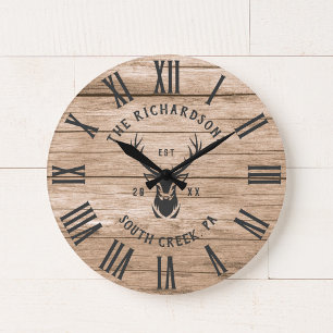 Grande Horloge Ronde Maison de ferme moderne rustique avec nom de famil