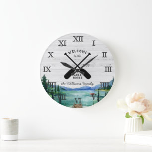 Grande Horloge Ronde Maison de lac rustique thématique   Nom de famille