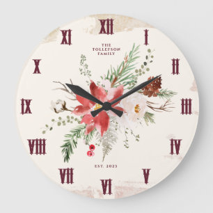 Grande Horloge Ronde Maison de Noël Hiver Poinsettia Rustique