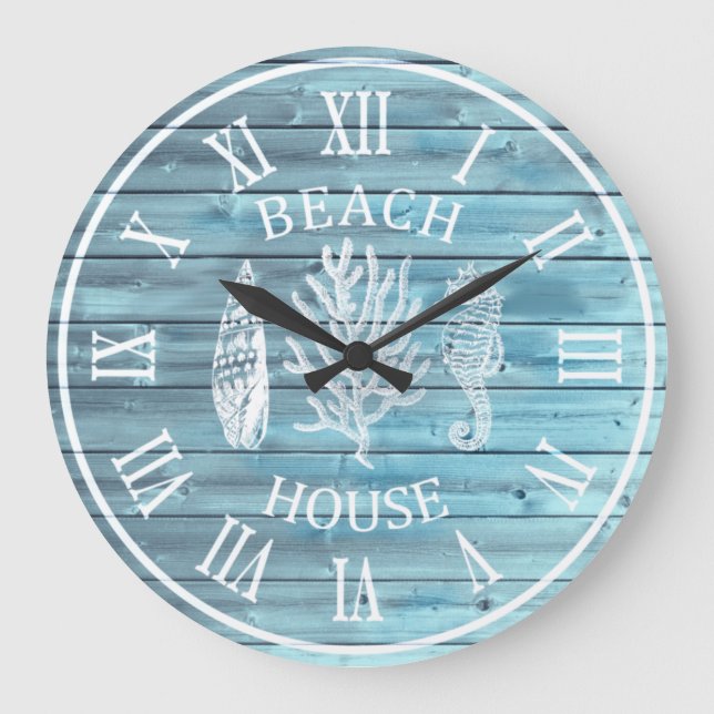 Grande Horloge Ronde Maison de plage Bleu clair Corail de mer Grand (Recto)