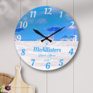 Grande Horloge Ronde Maison de plage côtière bleu personnalisée