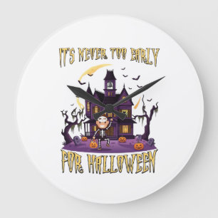 Grande Horloge Ronde Maison Hantée Halloween Cimetière Squelette