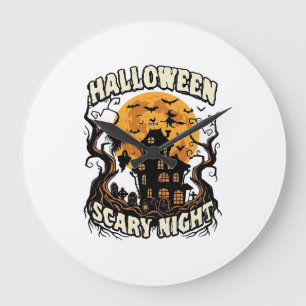 Grande Horloge Ronde Maison Hantée Nuit Effrayante Halloween Pleine Lun