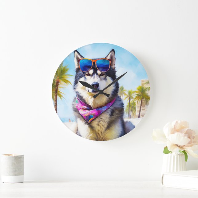 Grande Horloge Ronde Malamute d'Alaska sur la plage, cadeau d'été (Maison)