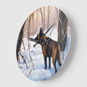 Grande Horloge Ronde Malinois Belge Qu'il neige Noël
