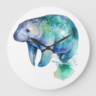 Grande Horloge Ronde Manate en bleu et vert aquarelle