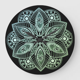 Grande Horloge Ronde Mandala à dégradé vert tribal exotique