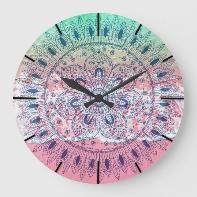 Grande Horloge Ronde Mandala bohème de plage d'été (Recto)