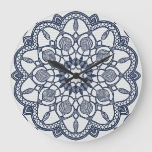 Grande Horloge Ronde Mandala dans le bleu de Delft