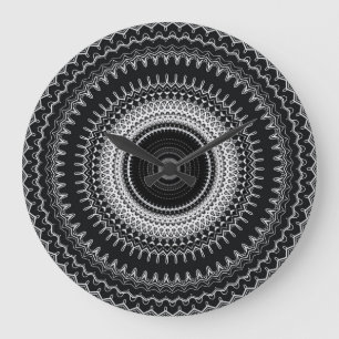 Grande Horloge Ronde Mandala de Bohême noir et blanc
