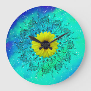 Grande Horloge Ronde Mandala et tournesol bleu turquoise