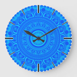 Grande Horloge Ronde mandala indien Bleu