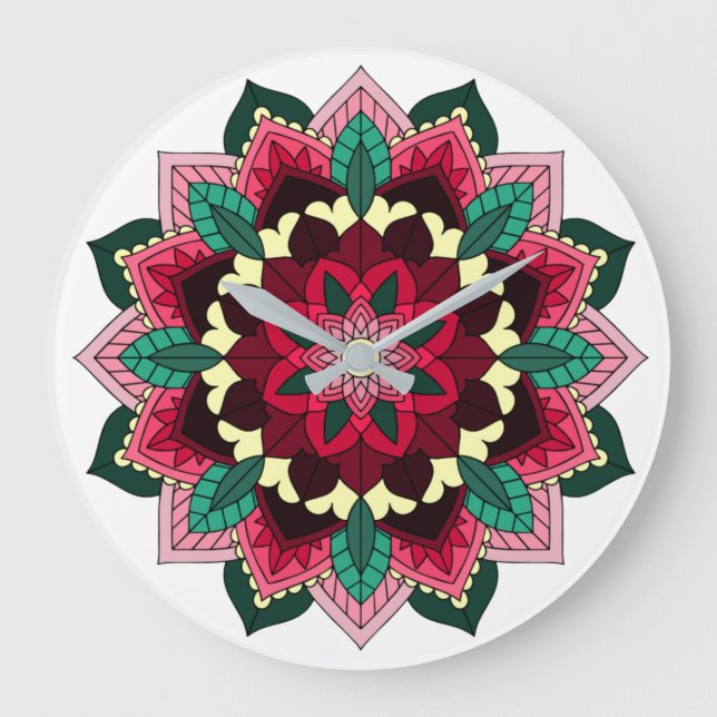 Grande Horloge Ronde Mandala Motif 02 en rose profond (Recto)