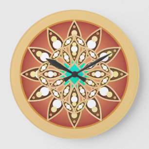 Grande Horloge Ronde Mandala motif en caramel et chocolat