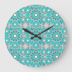 Grande Horloge Ronde Mandala motif, turquoise, gris argenté et blanc