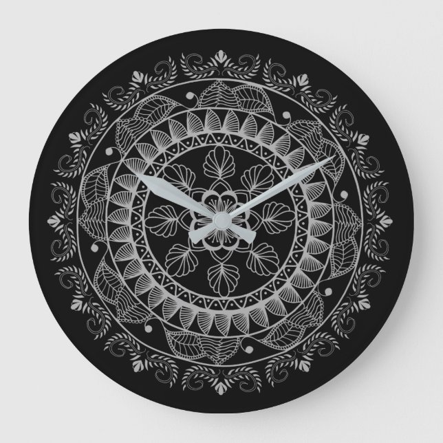 Grande Horloge Ronde Mandala noir et blanc (Recto)