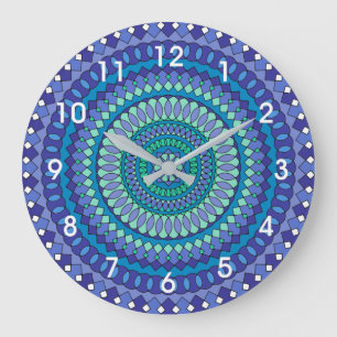 Grande Horloge Ronde Mandala turquoise et bleu sarcelle