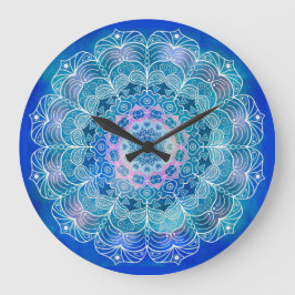 Grande Horloge Ronde Mandala White Outline bleu Aquarelle -