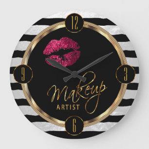 Grande Horloge Ronde Maquillage Artiste Lèvres roses chaudes avec bande