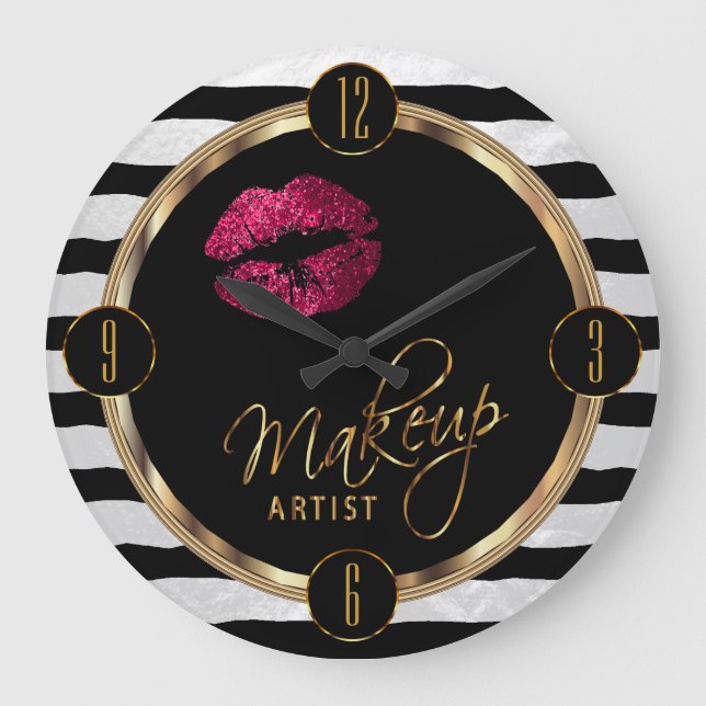 Grande Horloge Ronde Maquillage Artiste Lèvres roses chaudes avec bande (Recto)