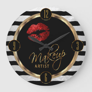 Grande Horloge Ronde Maquillage Artiste Lèvres rouges avec bandes blan
