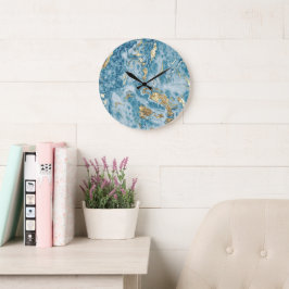 Grande Horloge Ronde Marbre Abstrait Luxueux Bleu et Or