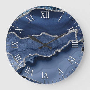 Grande Horloge Ronde Marbre Agate Pailleté Bleu et Faux Argent