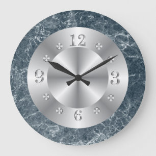 Grande Horloge Ronde Marbre argenté et bleu de Faux