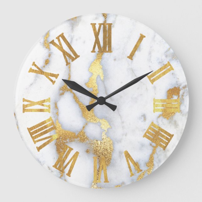 Grande Horloge Ronde Marbre blanc gris or métal chiffres romains (Recto)