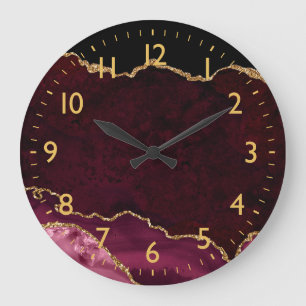 Grande Horloge Ronde Marbre d'agate rouge et or