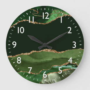 Grande Horloge Ronde Marbre d'agate vert et faux paillettes d'argent