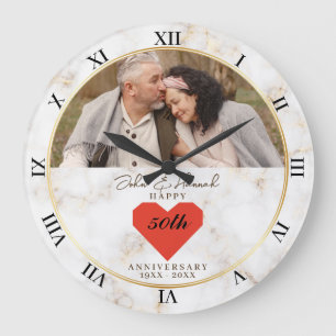 Grande Horloge Ronde Marbre Élégant & Cœur 50e Anniversaire de Mariage