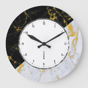 Grande Horloge Ronde Marbre noir et gris, conception géométrique des ac