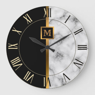 Grande Horloge Ronde Marbre Noir Or Luxueux Élégant Moderne