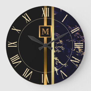 Grande Horloge Ronde Marbre Noir Or Luxueux Élégant Moderne