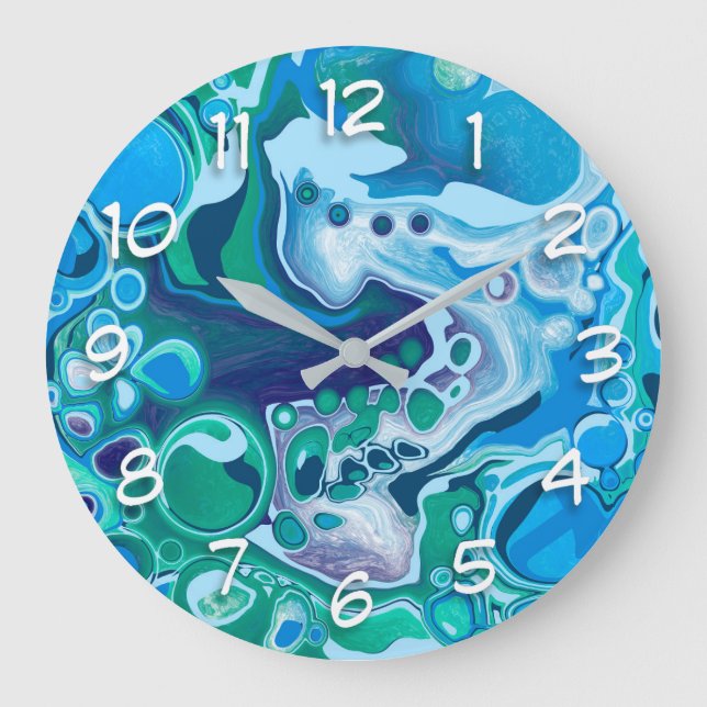 Grande Horloge Ronde Marbre numérique bleu et vert Fluide Art (Recto)