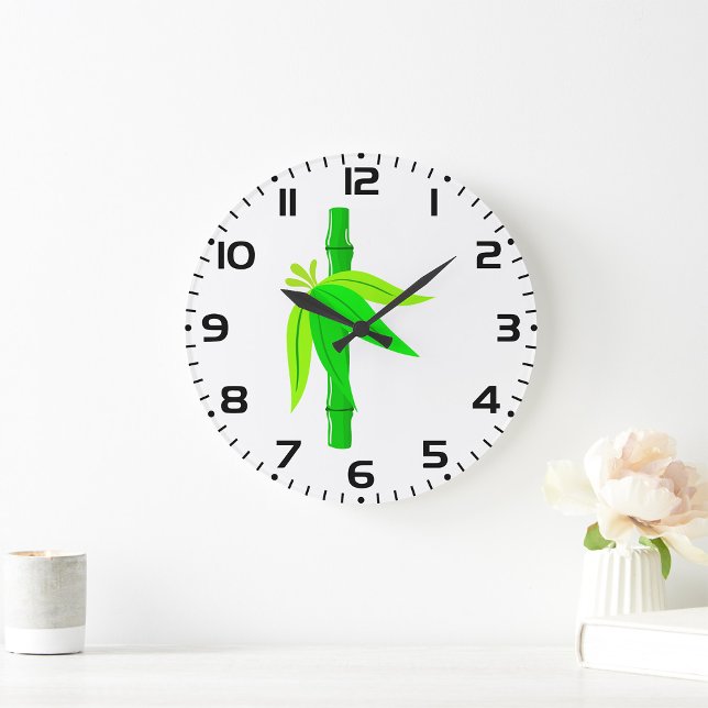 Grande Horloge Ronde Marche en bambou vert avec Feuilles tropicaux (Créateur téléchargé)